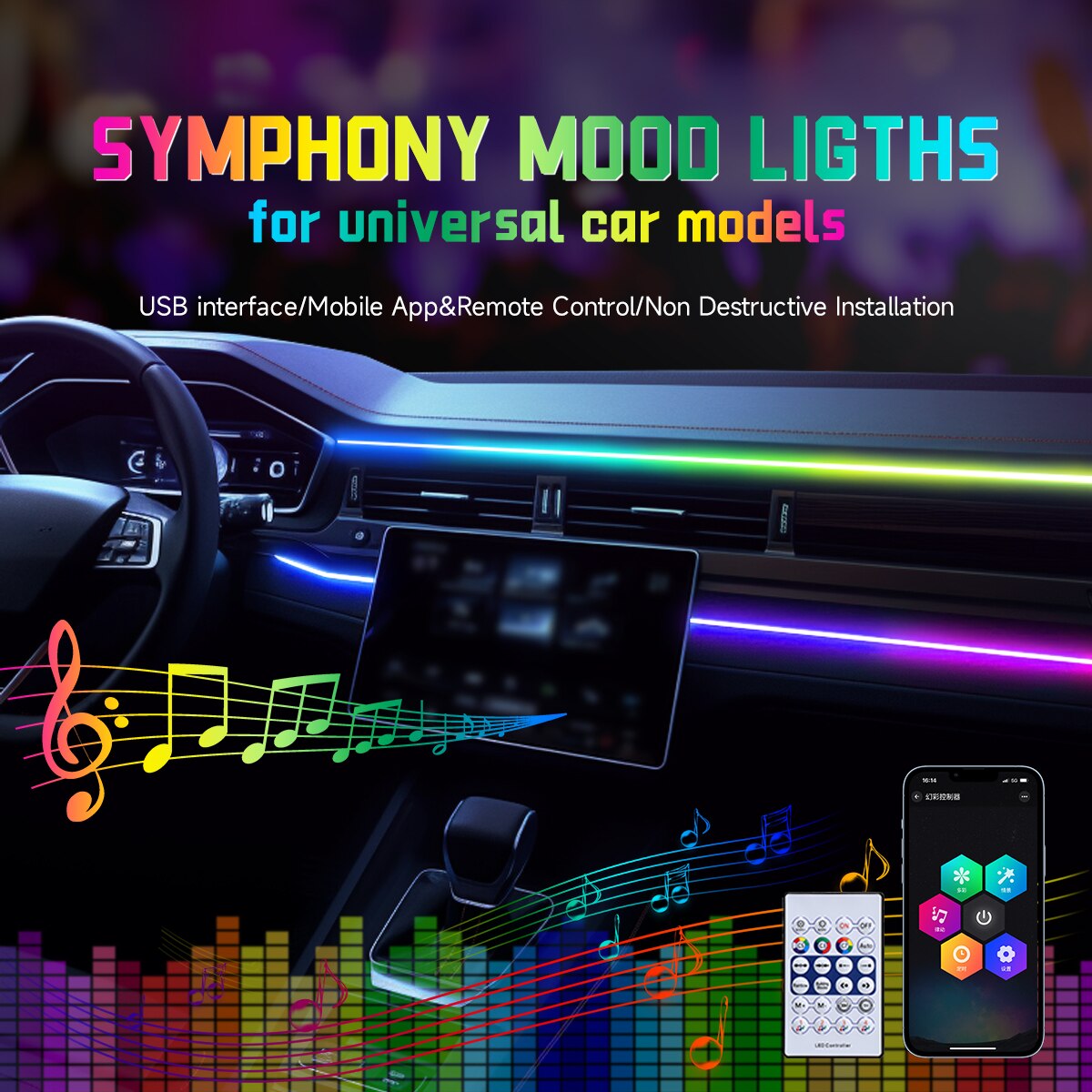 Led Ambient Interior Car Lights App Control - مصباح جو داخلي للسيارة LED محيطي