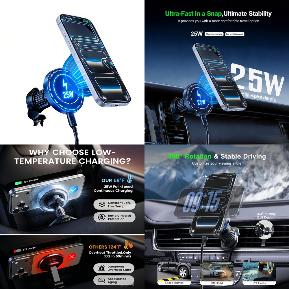 شاحن سيارة لاسلكي مغناطيسي قوي - مراجعة Magnetic Phone Holder For Car Vent وسعره